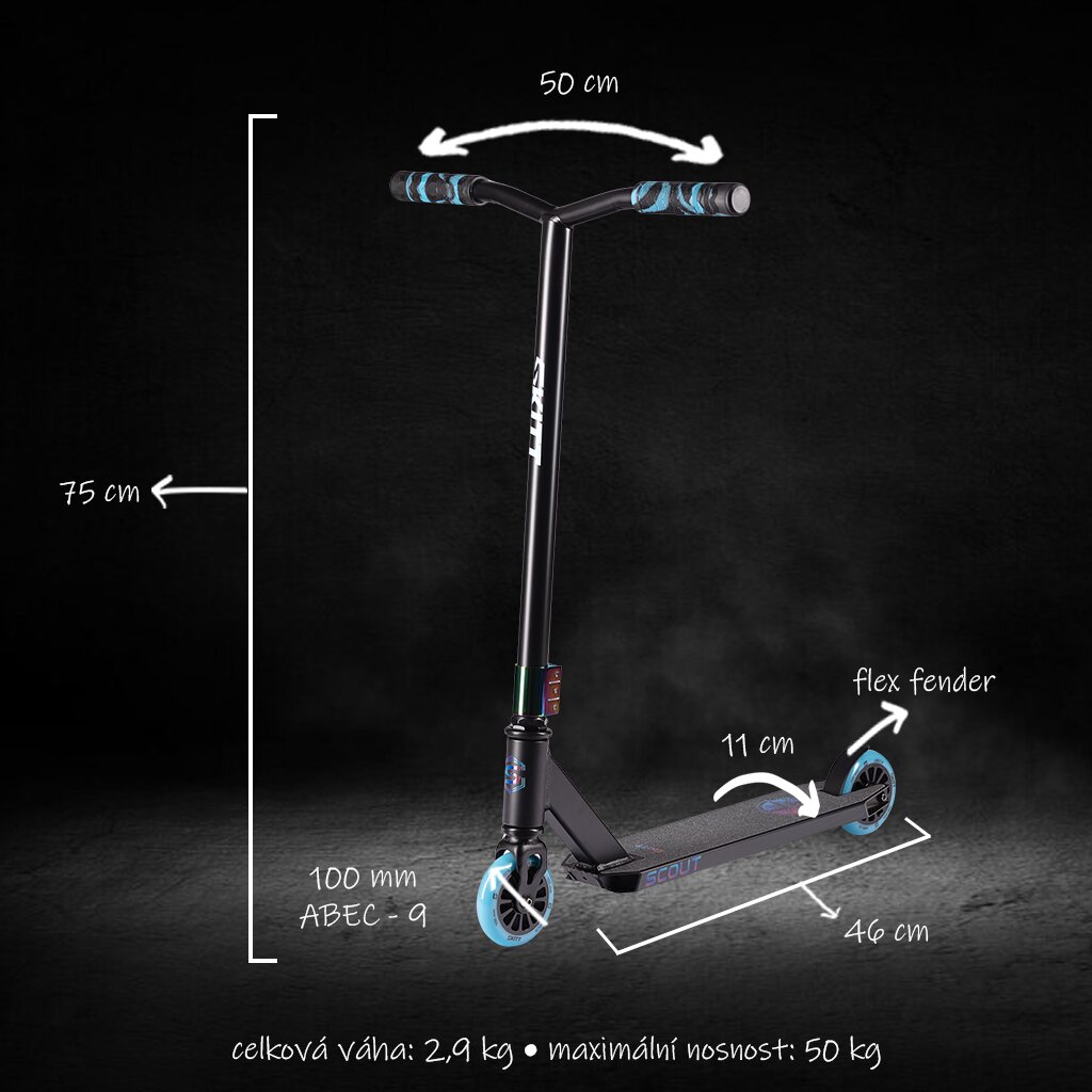 SKITT Freestyle koloběžka SCOUT Black Rainbow pro nejmenší od 105 cm parametry